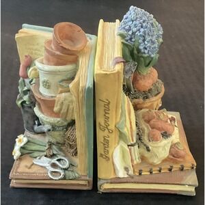 "Garden Journal" Hyacinth & Pots Bookends Heavy Resin Vintage Figi Graphics 1997